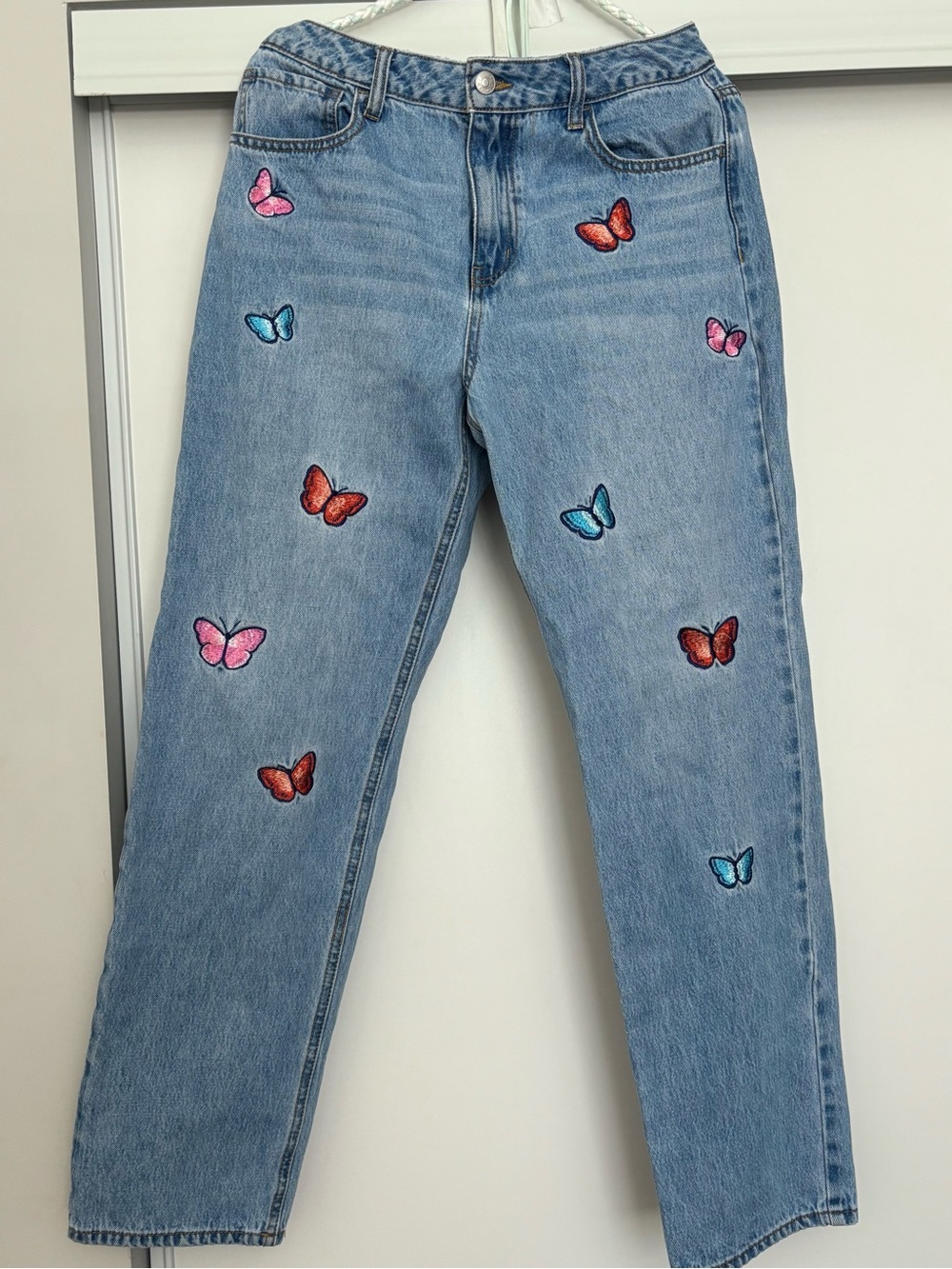 Forever 21 Light Wash Straight Leg Jeans with Multicolor Butterfly Embroidery